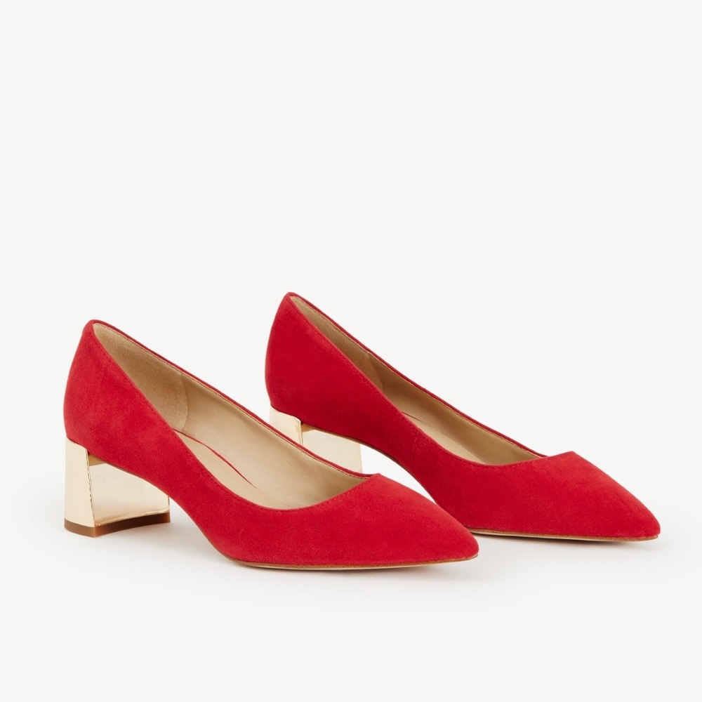 NIB Ann Taylor Bette Red Suede Gold Block Heel Metal Heel Pumps Size 6